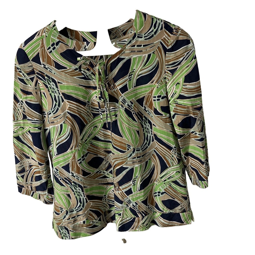 Talbots Silk Blend Tie-Front Tunic Women's Sz 10 Swirl PatterGreen Navy Blue Tan